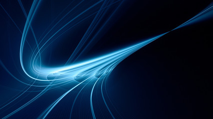 Abstract blue background element on black. Fractal graphics. Three-dimensional composition of glowing lines and mption blur traces. Movement and innovation concept.