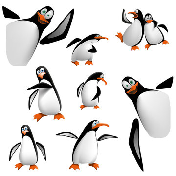 Set of cartoon penguins.
Funny penguins isolated on white background. Vector illustration, 3D.