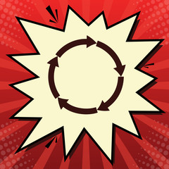 Circular arrows sign. Vector. Dark red icon in lemon chiffon shutter bubble at red popart background with rays. Illustration.