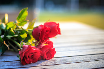 Roses placed on a wooden table in the bright morning