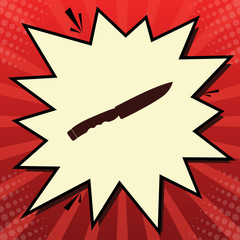 Knife sign. Vector. Dark red icon in lemon chiffon shutter bubble at red popart background with rays. Illustration.