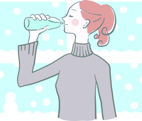 水　飲む　女性　余白　水分補給　ベクター　水分補給　雪の日