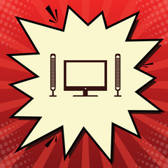 Home theater sign. Vector. Dark red icon in lemon chiffon shutter bubble at red popart background with rays. Illustration.