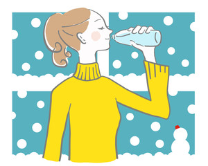 水　飲む　女性　余白　水分補給　ベクター　水分補給　雪の日