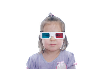 little baby girl in 3D anaglyph cinema glasses for stereo image system with polarization. 3D...