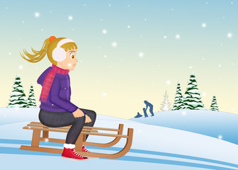 illustration of girl on sleigh in winter