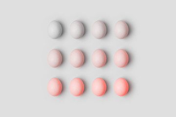 Creative layout made of eggs on white background. Flat lay. Easter concept.