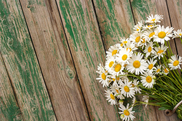 Obraz premium Bouquet field chamomile daisies flowers in door handle on old wooden background. Concept rustic romantic surprise. Copy space Minimal style, template for lettering text or your design. Greeting card