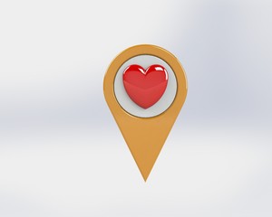 Fototapeta premium LOCATION pin glossy heart-shaped Orange arrow. The concept of Tagging needle attractions to the destination. Separately on a white background 3D rendering 3D. 