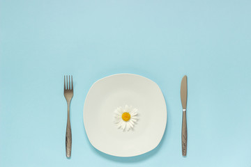 One flower chamomile daisy on plate, cutlery fork knife on blue paper background Concept vegetarian, healthy eating, diet or anorexia Creative top view Copy space template for lettering text or design - obrazy, fototapety, plakaty
