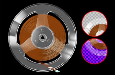 Retro reel with tape for vintage music player or recorder and transparent plastic case