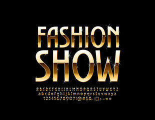 Vector stylish Emblem Fashion Show. Luxury Font with sparkling Stars. Elegant Golden Alphabet Letters, Numbers and Symbols.