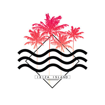 Palm tree, summer graphic with text for t-shirt graphic and other uses in vector
