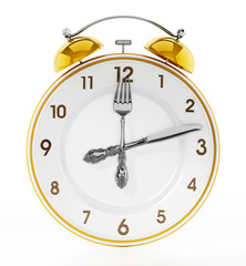 Alarm clock serving plate ith fork and knife. 3D illustration