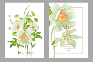Set of cards wedding invitations with peonies. Floral vector illustration.