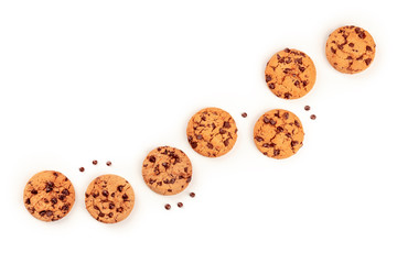 A photo of freshly baked chocolate chip cookies, shot from the top on a white background with a...