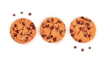 A photo of freshly baked chocolate chip cookies, shot from above on a white background with copy...