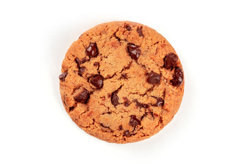 A photo of a freshly baked chocolate chip cookie, shot from the top on a white background with a place for text