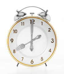 Alarm clock serving plate ith fork and knife. 3D illustration
