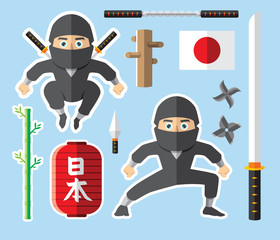 PrintSet of Ninja Consist of Katana Samurai Sword, Shuriken, Double Sticks, Bamboo, and Kunai Illustration Flat Design. EASY TO EDIT