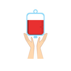 Hands holding blood bag. Donation abstract concept vector illustration.