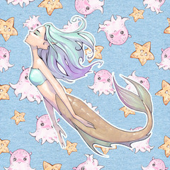 Original cartoon hand drawn fantasy illustration of a beautiful mermaid with blue long hair floating as she swims