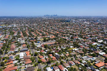 Aerial view of houses in the Melbourne suburb of Preston Victoria on a summers day. The city of...