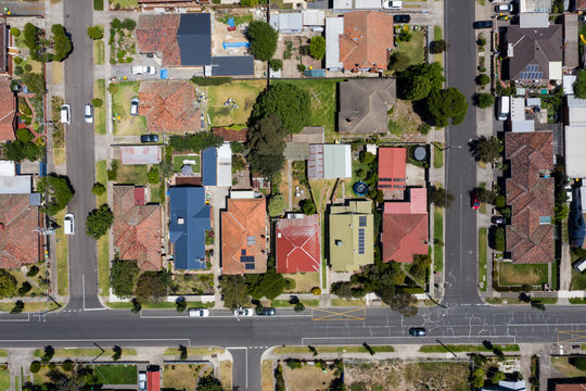 Aerial view of houses in the Melbourne suburb of Preston Victoria on a summers day