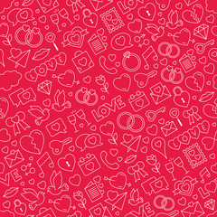 Fototapeta na wymiar Seamless love texture on lovely red background. Repeatable love icons vector pattern on red background - white outline style icons collection. Valentines day, Mothers day, wedding, love and romantic.