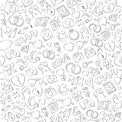 Fototapeta na wymiar Seamless love pattern vector illustration - freehand drawing. Repeatable love vector background - love symbols collection. Valentines day, Mothers day, wedding, love and romantic events. Vector