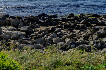 Obraz premium Seascape of tranquil wave movements in the Black Sea coast with rock and meadow near ancient city Nessebar or Mesembria, Bulgaria, Europe 