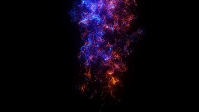 Animation of multicolored flame. Glowing light particles. Magic vfx element on black background.