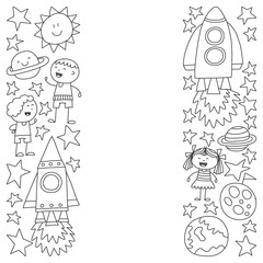 Vector set of space elements icons in doodle style. Painted, black monochrome, pictures on a piece of paper on white background.