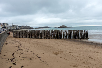 Saint-Malo, France - September 12, 2018: View of beach and old town of Saint-Malo. Brittany, France