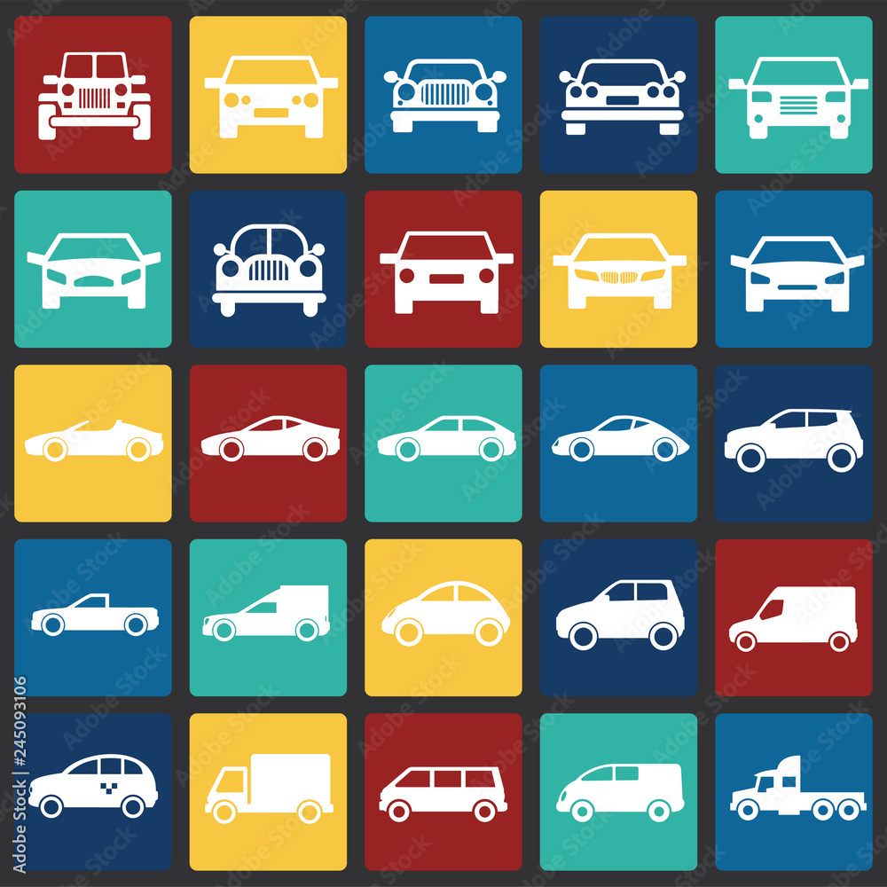 Poster automobile icons set on color squares background for graphic and web design, modern simple vector si