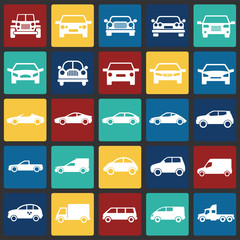 Automobile icons set on color squares background for graphic and web design, Modern simple vector sign. Internet concept. Trendy symbol for website design web button or mobile app