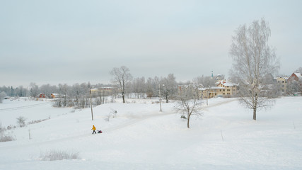 Winter snowy countryside landscape with walking people.