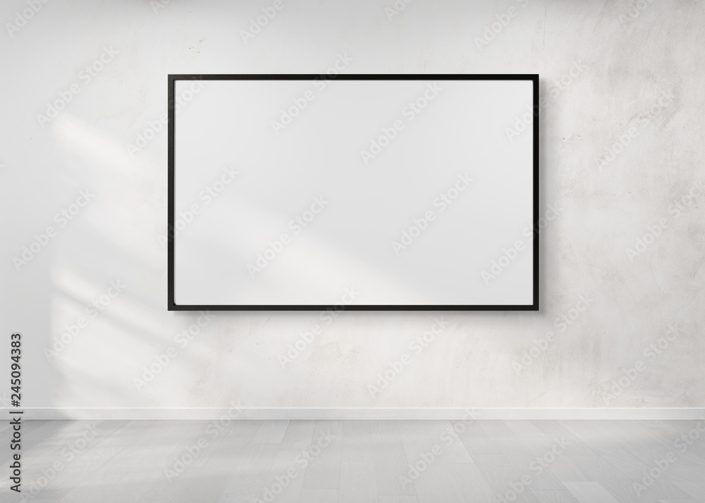 Poster black frame hanging on a wall mockup 3d rendering