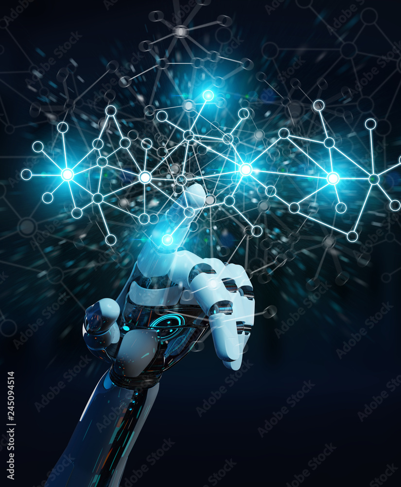 Poster white cyborg hand using digital network connection 3d rendering