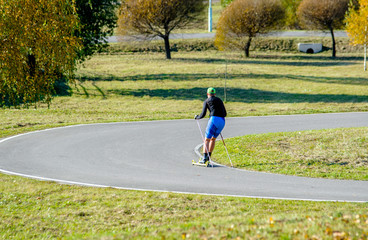 A man on skier rides on the track 