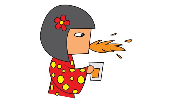 Vector Cartoon Illustration Of Cute Chinese Girl Spitting The Drink. Isolated On White Background.