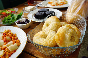 Obraz na płótnie Canvas Traditional Turkish Smyrna Pastry boyoz in Turkish breakfast