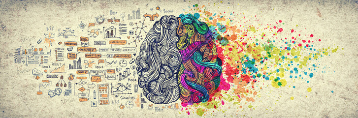 Left right human brain concept, textured illustration. Creative left and right part of human brain, emotial and logic parts concept with social and business doodle illustration of left side, and art © kirasolly