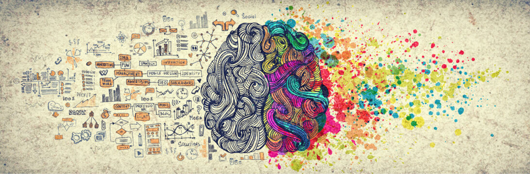 Left right human brain concept, textured illustration. Creative left and right part of human brain, emotial and logic parts concept with social and business doodle illustration of left side, and art