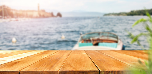 Table background and lake landscape 