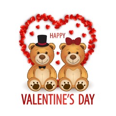 Cute teddy bears couple with hearts and hearts frame. Happy Valentine's day card. Romantic greeting card for wedding or anniversary