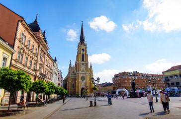 Novi Sad pedestrian walking area at central city square on a sunny day