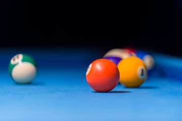 Colorful billiards balls. Billiard ball at blue table. Colorful