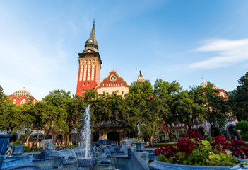 Subotica cathedral and city park with the fountain