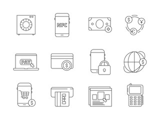 Online banking icon. Internet payment services automation mobile bank phone shopping payments vector thin line symbols. Illustration of payment banking, icon e-commerce finance